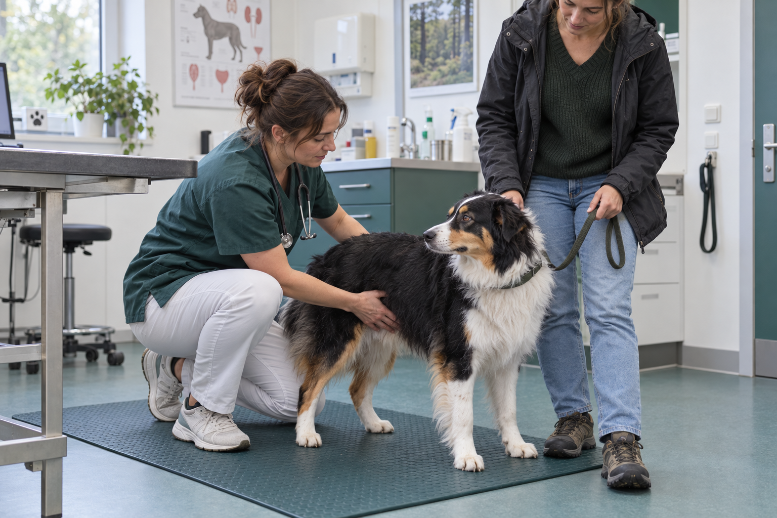 Veterinářka vyšetřuje břicho fenky kvůli samovolnému úniku moči